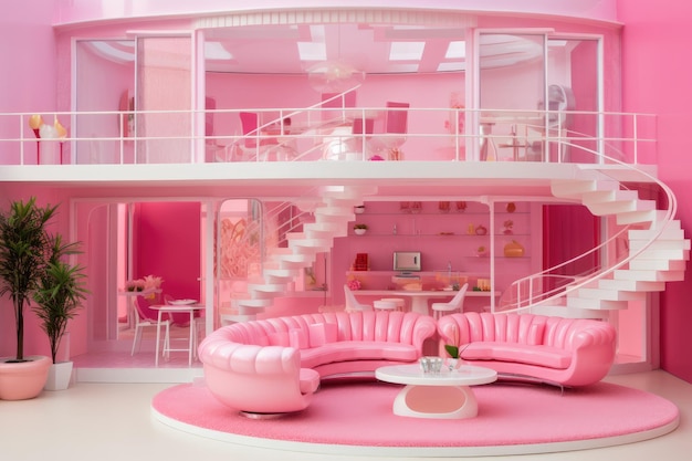 Foto boneca barbie rosa interior casa moderna cada mobília é rosa generative ai