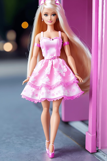 Boneca barbie fofa roupa de menina loira fundo de papel de parede rosa