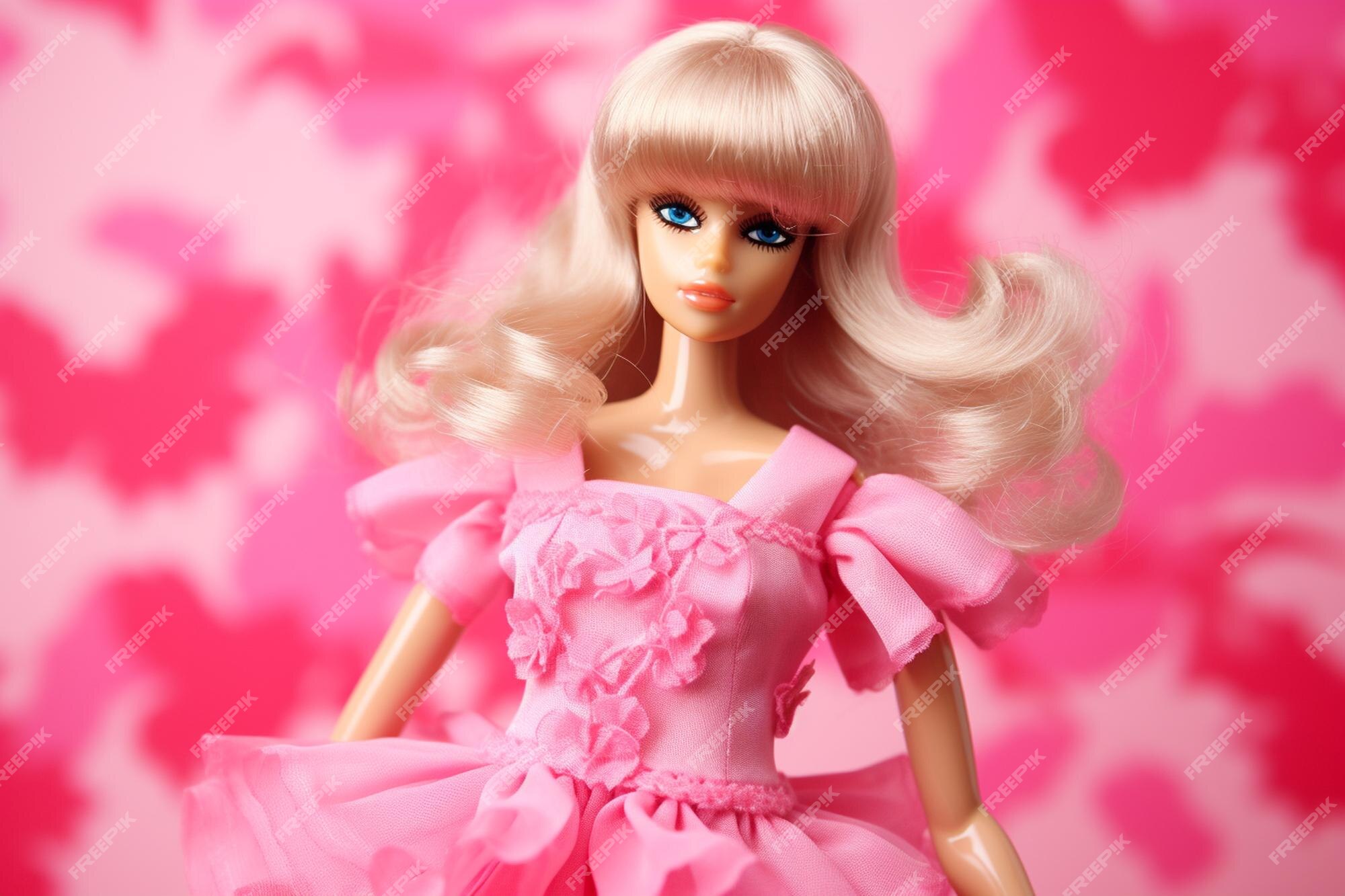 Boneca barbie fofa roupa de menina loira fundo de papel de parede rosa