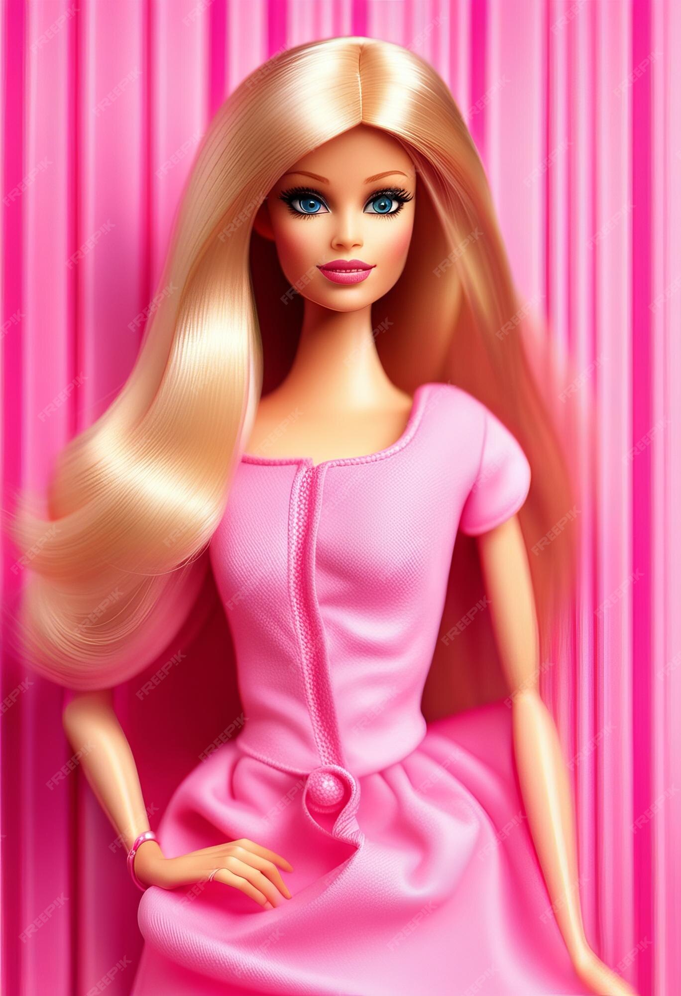 Boneca barbie fofa roupa de menina loira fundo de papel de parede rosa