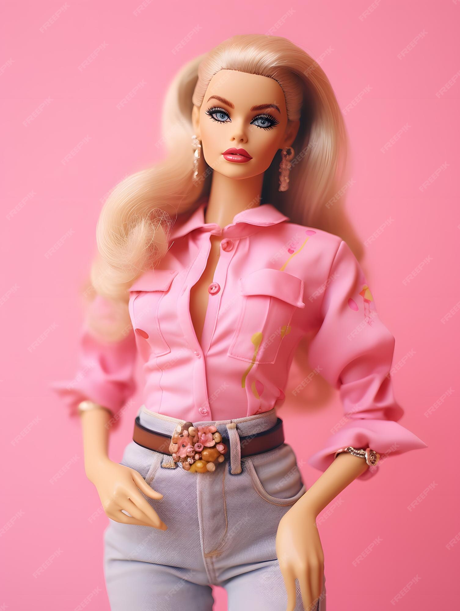 Boneca barbie fofa roupa de menina loira fundo de papel de parede rosa