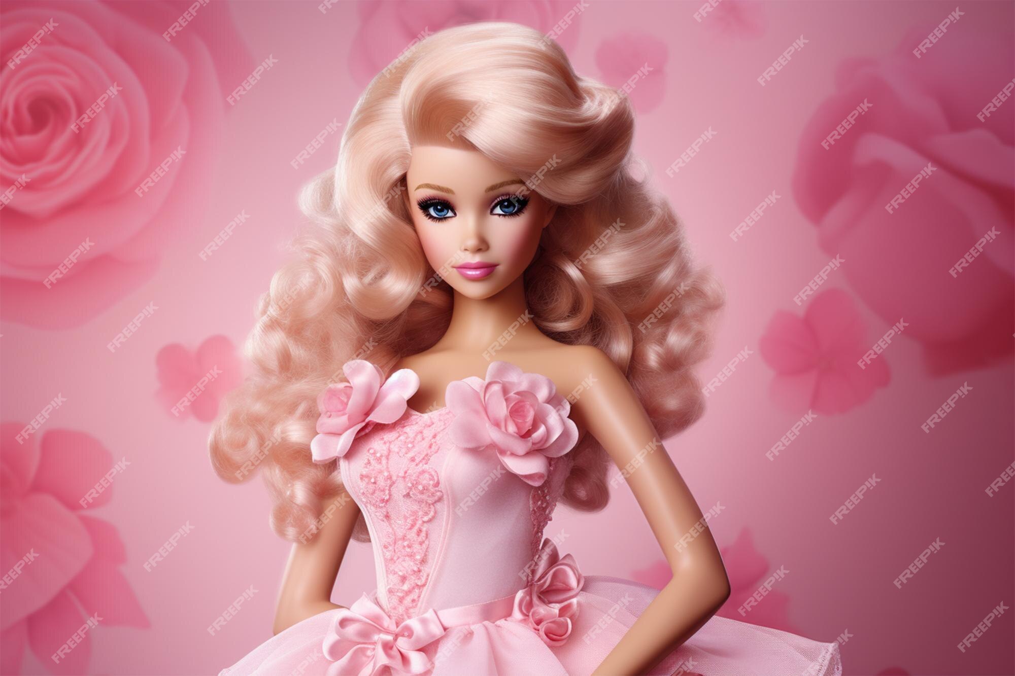 Boneca barbie fofa roupa de menina loira fundo de papel de parede rosa