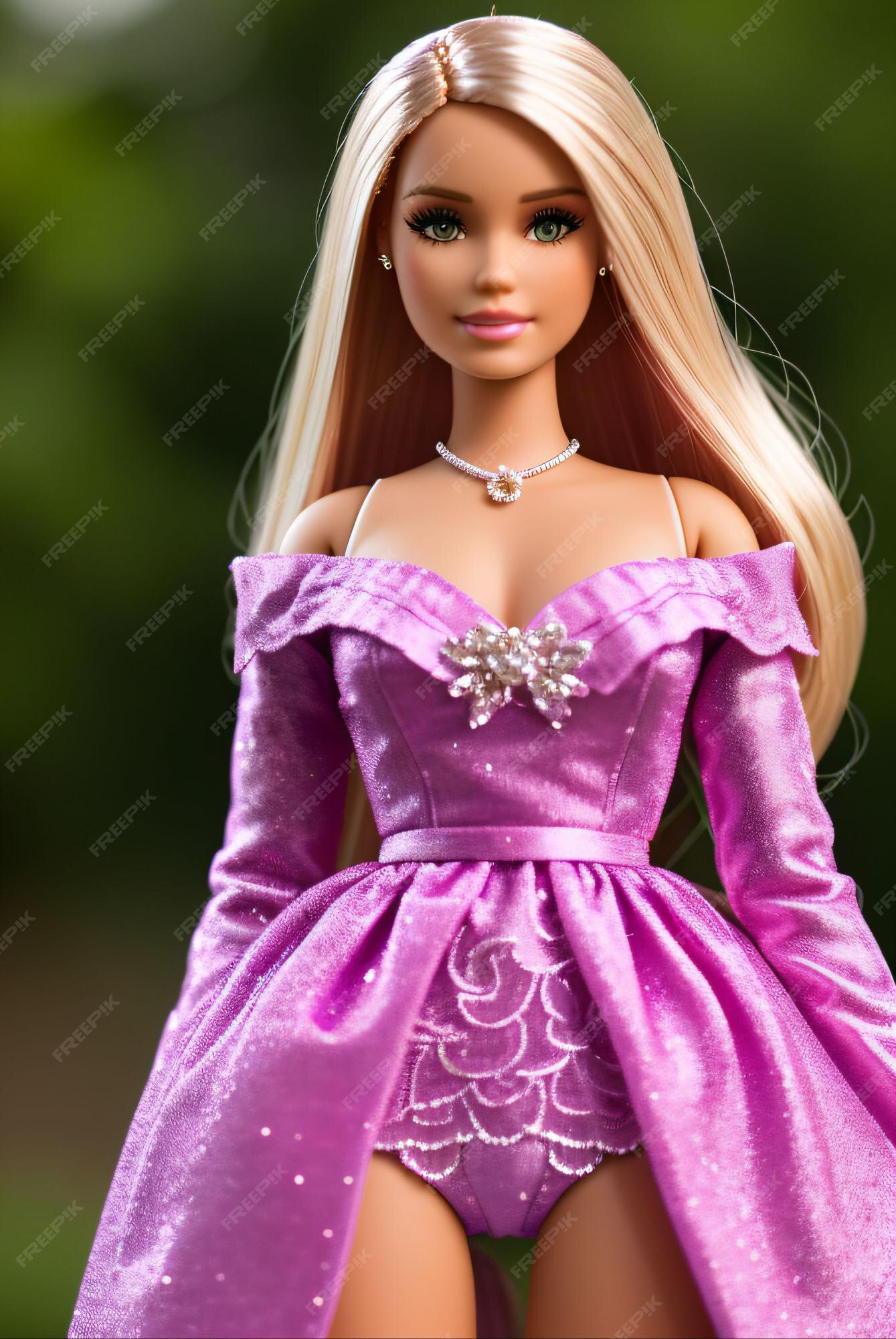 Boneca barbie vestindo roupas de cor rosa ou roxa