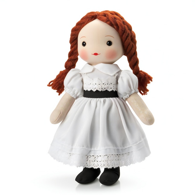 Boneca com um vestido branco e cabelo vermelho em um fundo branco