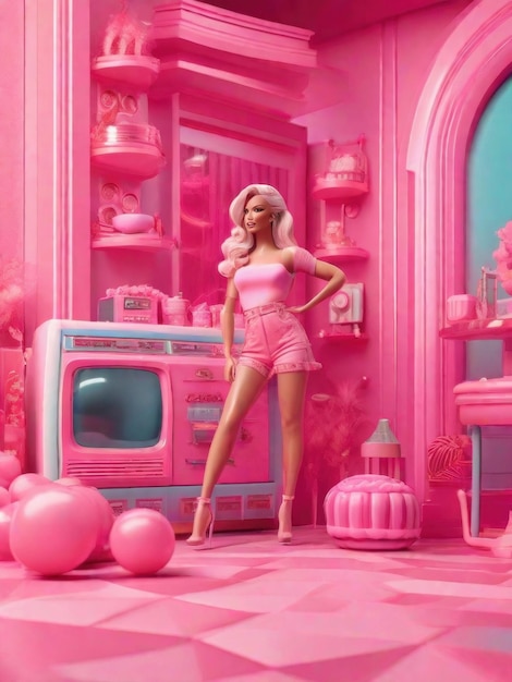 Foto boneca da moda barbie em cores rosa gerada por ia