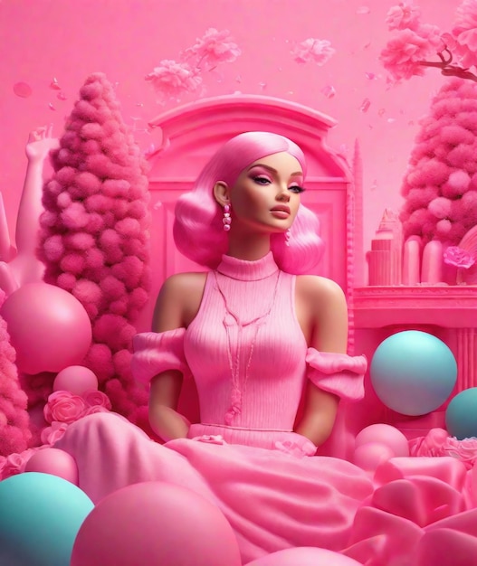 Boneca da moda Barbie em cores rosa gerada por IA