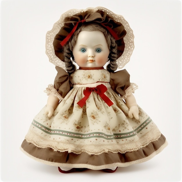 Boneca de brinquedo retrô vintage muito antiga em um lindo vestido isolado em closeup branco