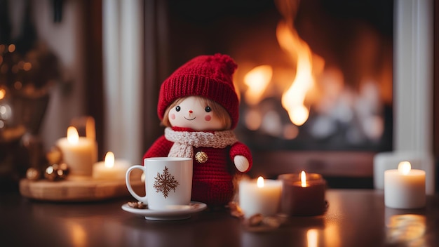 Boneca de Natal com bebida quente Em frente à lareira e as luzes estão embaçadas IA Generativa