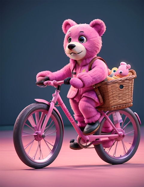 Boneca de urso na bicicleta com cesta e capacete