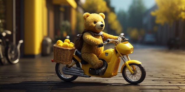 Boneca de urso na bicicleta com cesta e capacete