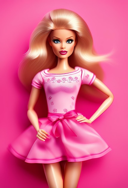 Foto boneca loira em um terno rosa em um fundo rosa generative ai