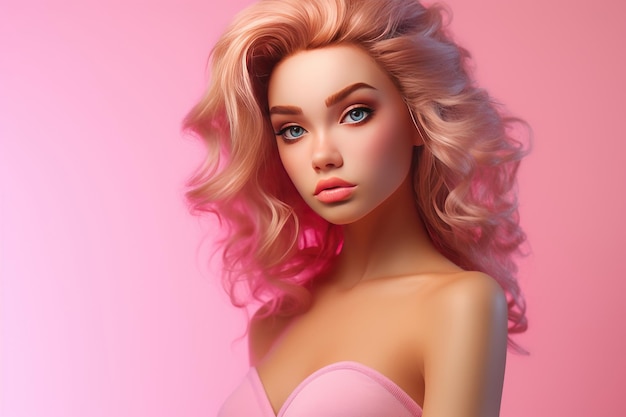 Boneca menina sensual retrato emocional próximo com fundo rosa Ilustração aproximada gerada por IA