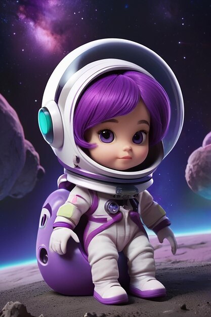 Foto boneca roxa em terno espacial com chapéu e cabelo roxo