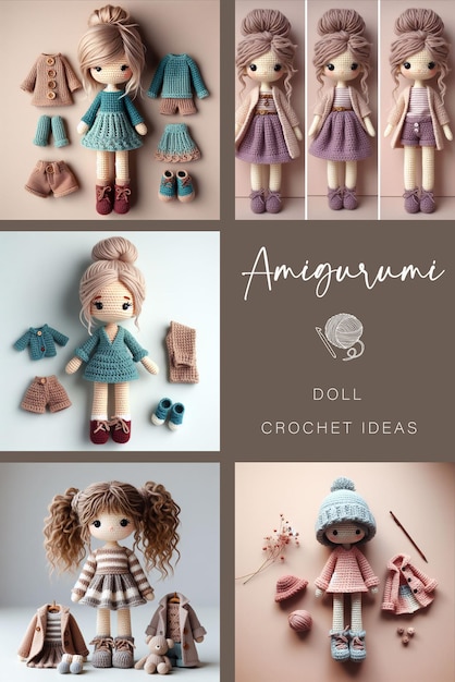 Bonecas de Amigurumi de crochete em turquesa, tons cinzentos-rosa-poeira e cremosos para crianças