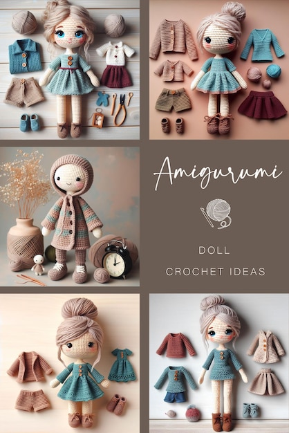 Bonecas de Amigurumi de crochete em turquesa, tons cinzentos-rosa-poeira e cremosos para crianças