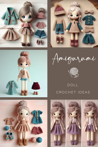 Bonecas de Amigurumi de crochete em turquesa, tons cinzentos-rosa-poeira e cremosos para crianças