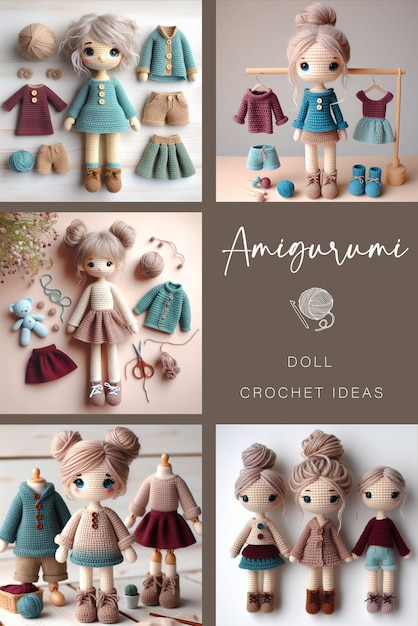 Bonecas de Amigurumi de crochete em turquesa, tons cinzentos-rosa-poeira e cremosos para crianças