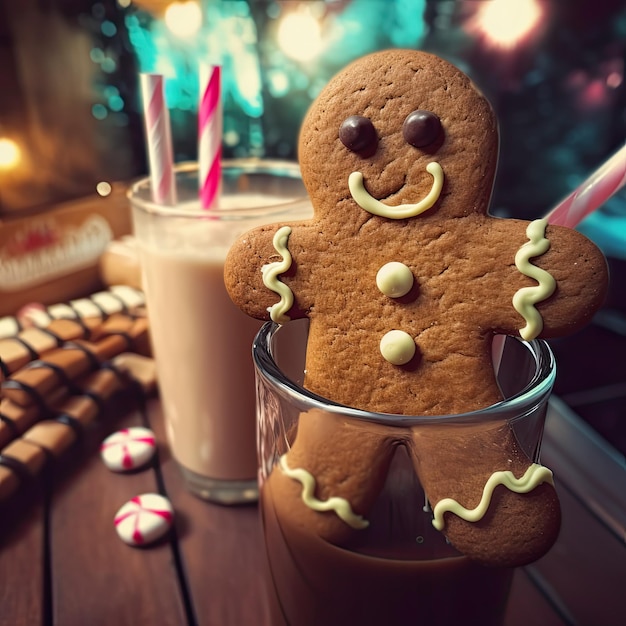 boneco de gengibre fofo na mesa de natal ao lado de uma xícara de chocolate quente ou cacau