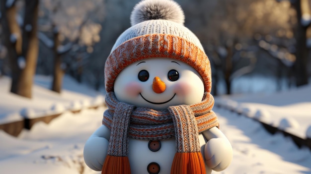 Boneco de neve 3D de desenho animado comemorando o Natal em uma floresta nevada com felicidade de inverno