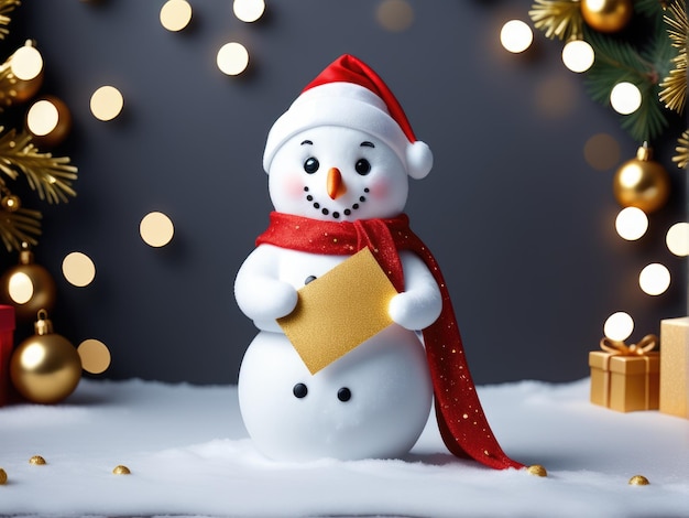 Foto boneco de neve 3d segurando um banner em branco modelo de cartão de natal