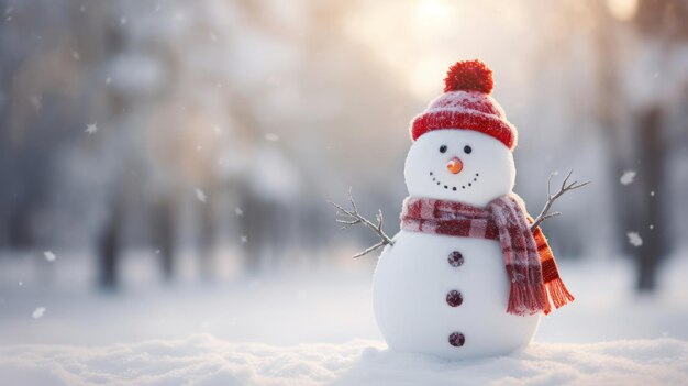 Boneco de neve alegre e fofo na neve em um parque de inverno com lindo bokeh