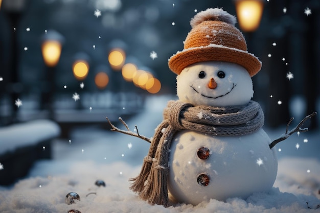 Boneco de neve bonitinho em um chapéu de malha e cachecol na neve em um dia ensolarado de inverno cartão de Natal