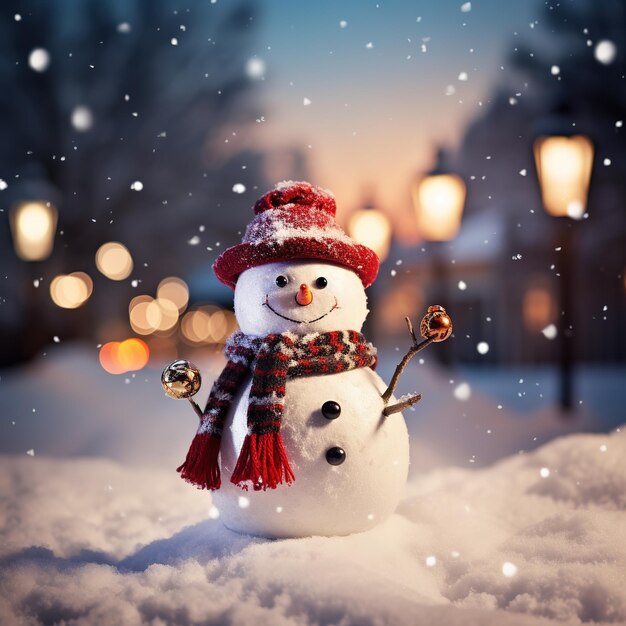 Boneco de neve branco na floresta mágica congelada na noite de inverno nevado 3D Renderização 3D ilustração