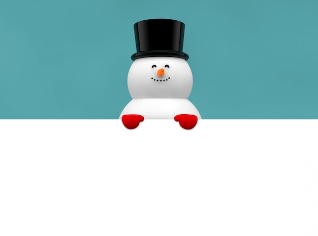 Foto boneco de neve com banner em branco sobre fundo azul