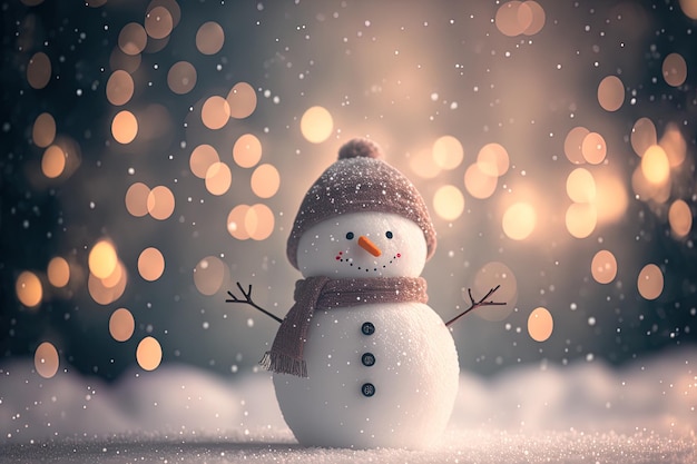 Boneco de neve com bokeh de fundo e na neve