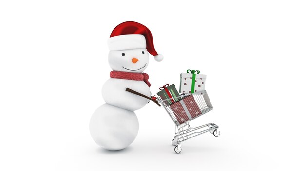 Boneco de neve com chapéu de papai noel e carrinho de compras