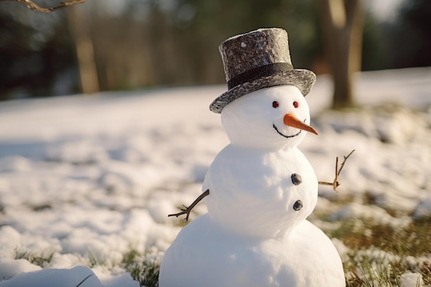 Boneco de neve com chapéu e cachecol em campo nevado em dia de inverno