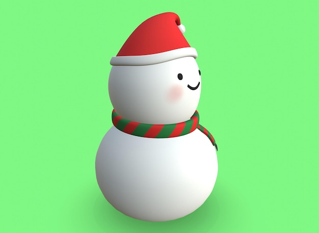 Boneco de neve de desenho animado de Natal com um chapéu renderização em 3D