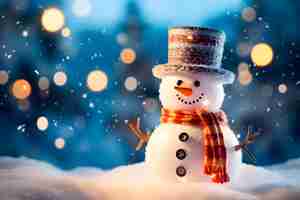 Foto boneco de neve de natal com chapéu de nariz de cenoura e lenço uma presença encantadora no cenário festivo