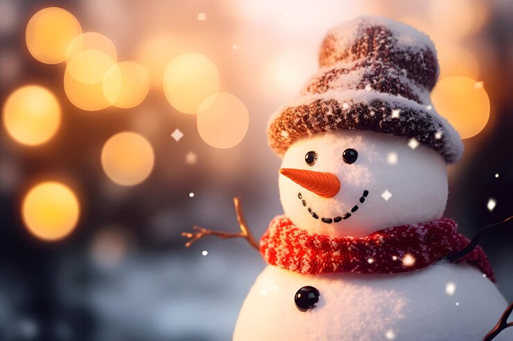 Foto boneco de neve de natal com chapéu de nariz de cenoura e lenço uma presença encantadora no cenário festivo