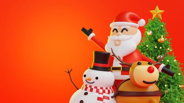 Boneco de neve de papai noel e caixa de presentes de árvore de natal feliz ano novo e feliz natal renderização em 3d