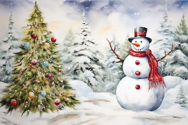 boneco de neve e árvore de natal no inverno nevado vintage aquarela ilustração fundo papel de parede