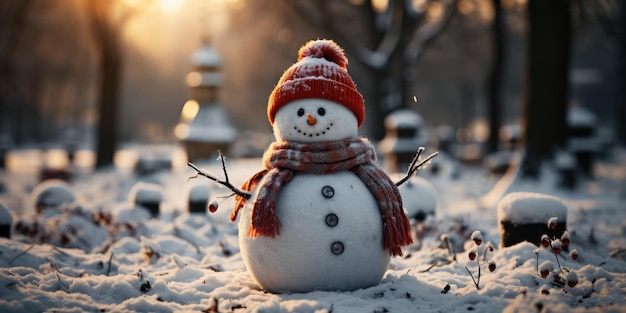 Boneco de neve em cenário de inverno Feliz Natal e feliz ano novo