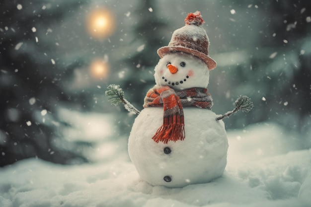 Boneco de neve em uma cena de Natal de inverno com pinheiros de neve e fundo de luz quente Feliz Natal