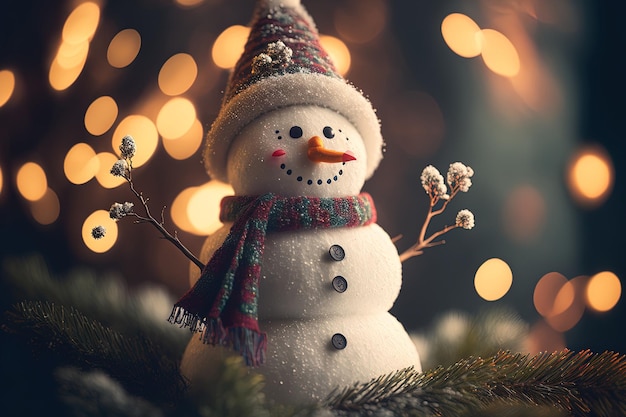 Boneco de neve engraçado com bokeh e galhos de uma árvore de Natal ao fundo