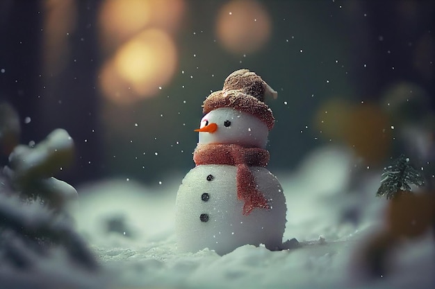 Boneco de neve engraçado na floresta de inverno ao pôr do sol Fundo de Natal generative ai