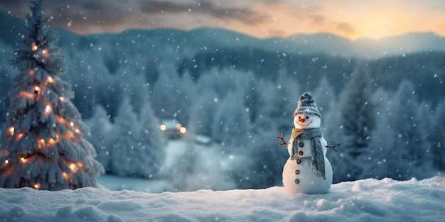 Boneco de neve feliz em pé na paisagem de natal Fundo de neve Conto de fadas de inverno