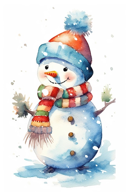 Boneco de neve feliz natal aquarela clipart bonito isolado no fundo branco com Generative AI