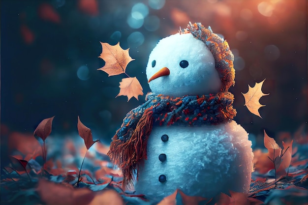 Boneco de neve feliz no fundo do cenário de inverno