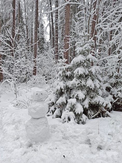 Boneco de neve. Floresta de inverno na neve. Abetos altos, queda de neve, inverno gelado.