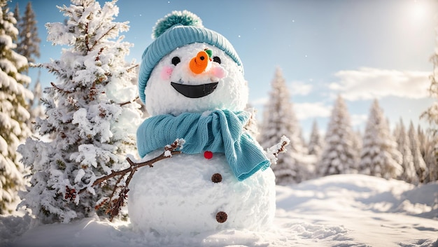 Boneco de neve fofo em um prado nevado