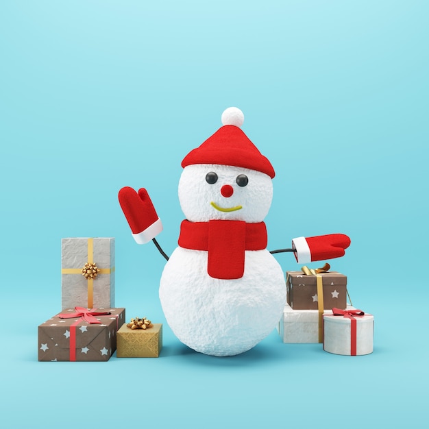 Boneco de neve levanta as mãos com caixa de presente em fundo azul. Conceito festivo de Natal de Papai Noel. Conceito de ideia mínima Natal. Renderização 3D.