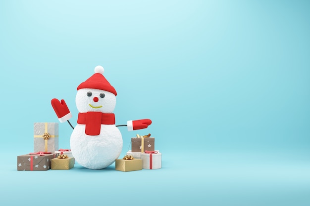 Boneco de neve levanta as mãos com caixa de presente em fundo azul. conceito festivo de natal de papai noel. conceito de ideia mínima natal. renderização 3d.