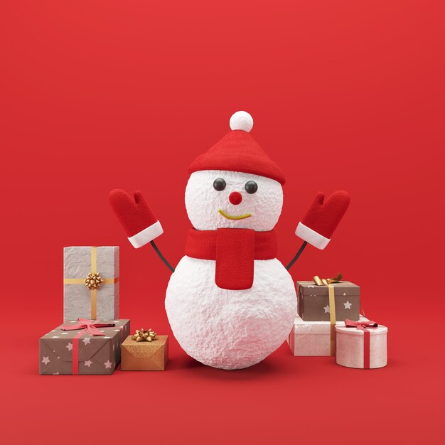 Boneco de neve levanta as mãos com caixa de presente em fundo vermelho. Conceito festivo de Natal de Papai Noel. Conceito de ideia mínima Natal. Renderização 3D.