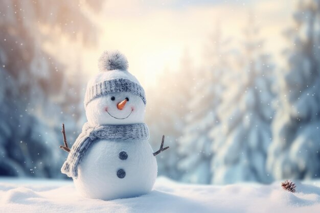 Boneco de neve na floresta de inverno Natal e Ano Novo feriados de fundo Vista panorâmica de boneco de neve feliz no inverno secenery com espaço de cópia AI Gerado