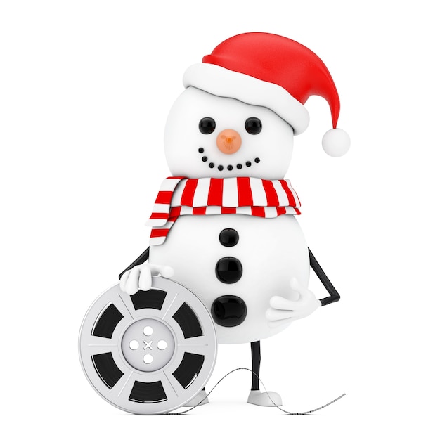 Boneco de neve na mascote do personagem de chapéu de Papai Noel com fita de Cinema de carretel de filme em um fundo branco. Renderização 3D